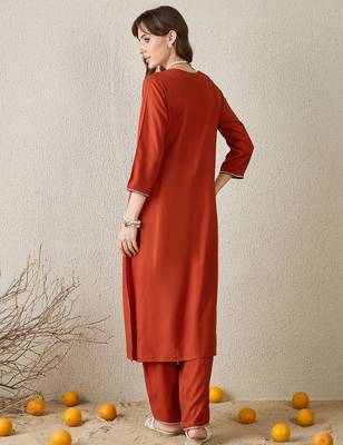 Orange embroidered viscose rayon kurta trouser set 3