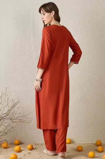 Orange embroidered viscose rayon kurta trouser set