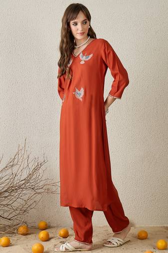 Orange embroidered viscose rayon kurta trouser set