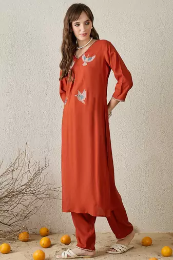 Orange embroidered viscose rayon kurta trouser set