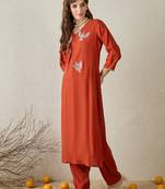 Orange embroidered viscose rayon kurta trouser set
