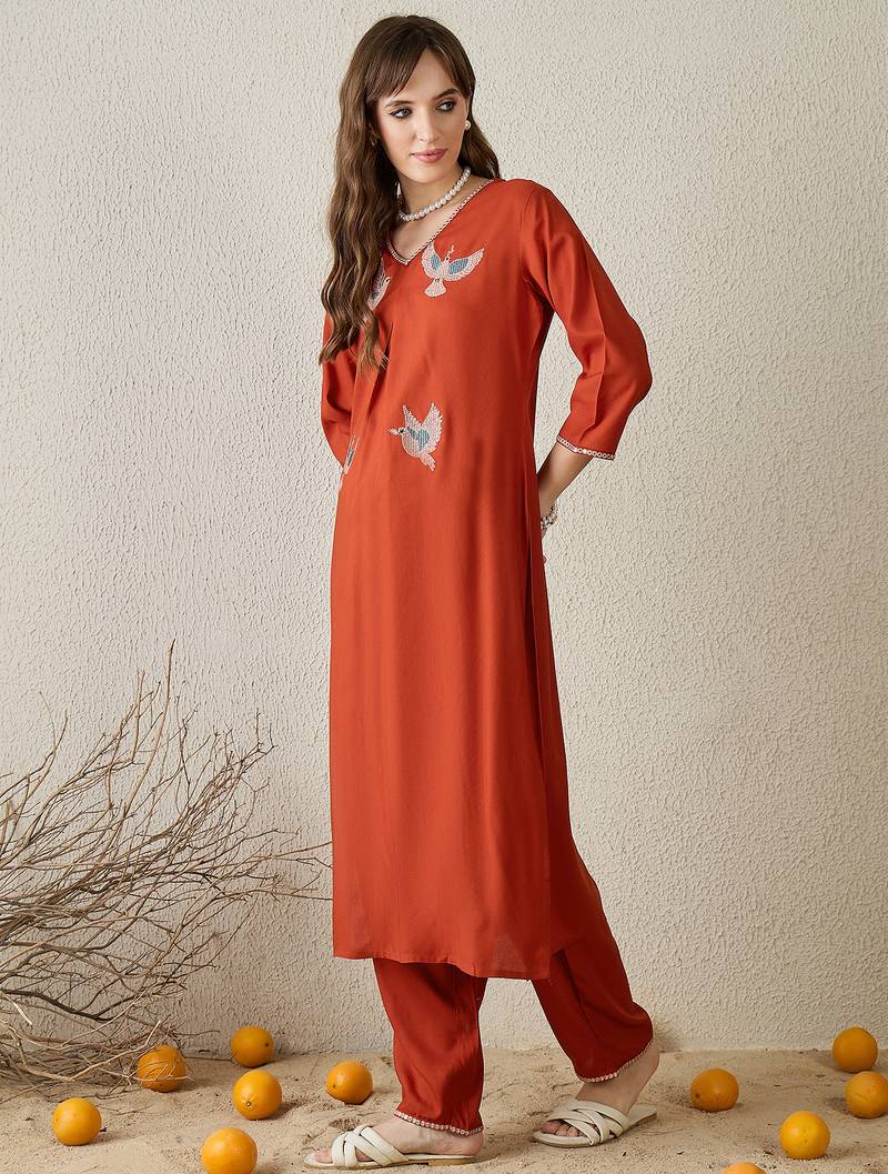 Orange embroidered viscose rayon kurta trouser set