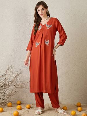 Orange embroidered viscose rayon kurta trouser set 4