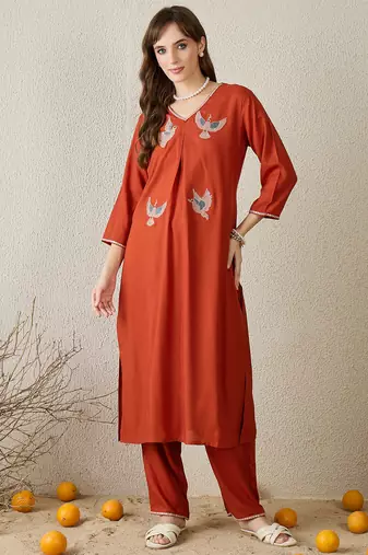 Orange embroidered viscose rayon kurta trouser set