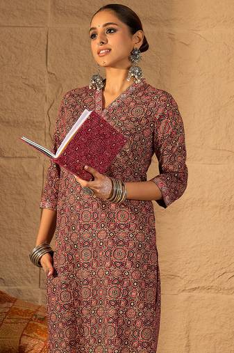 Red printed cotton kurta trouser set