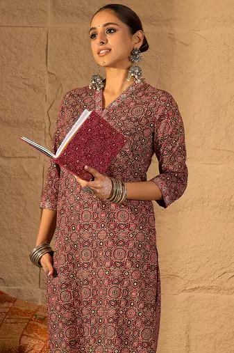 Red printed cotton kurta trouser set