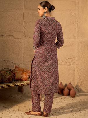 Red printed cotton kurta trouser set 2