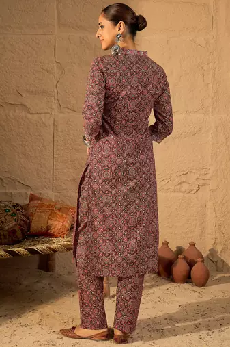 Red printed cotton kurta trouser set