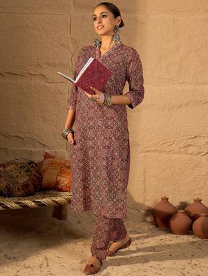 Red printed cotton kurta trouser set 3