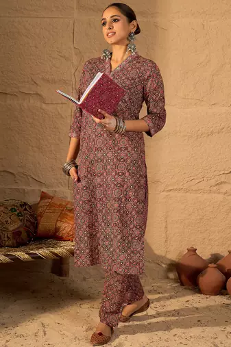 Red printed cotton kurta trouser set