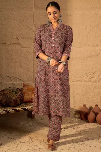Red printed cotton kurta trouser set