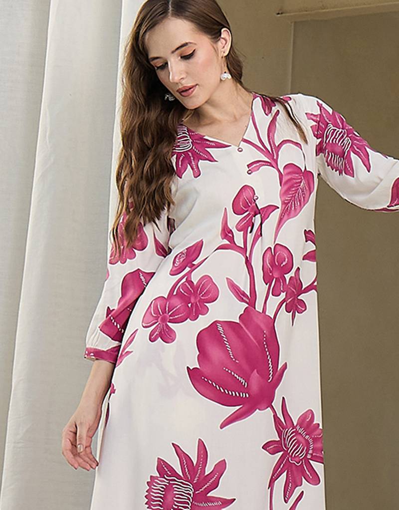White printed viscose rayon kurta trouser set