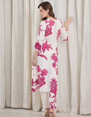 White printed viscose rayon kurta trouser set 2