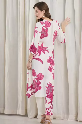 White printed viscose rayon kurta trouser set