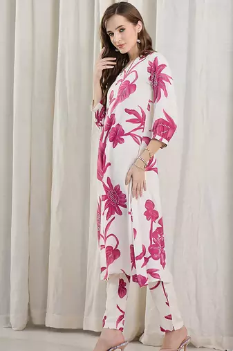 White printed viscose rayon kurta trouser set