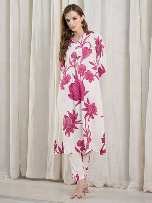 White printed viscose rayon kurta trouser set 4