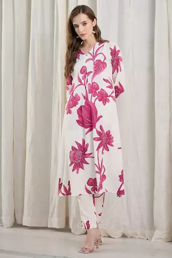 White printed viscose rayon kurta trouser set