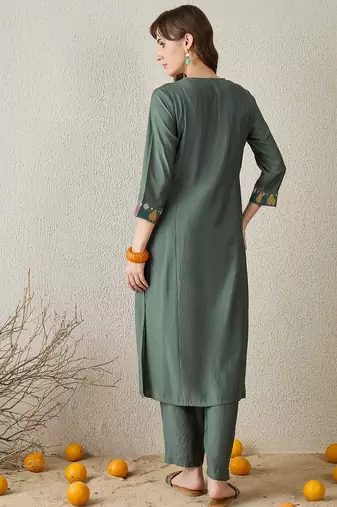 Grey embroidered silk kurta trouser set