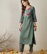 Grey embroidered silk kurta trouser set