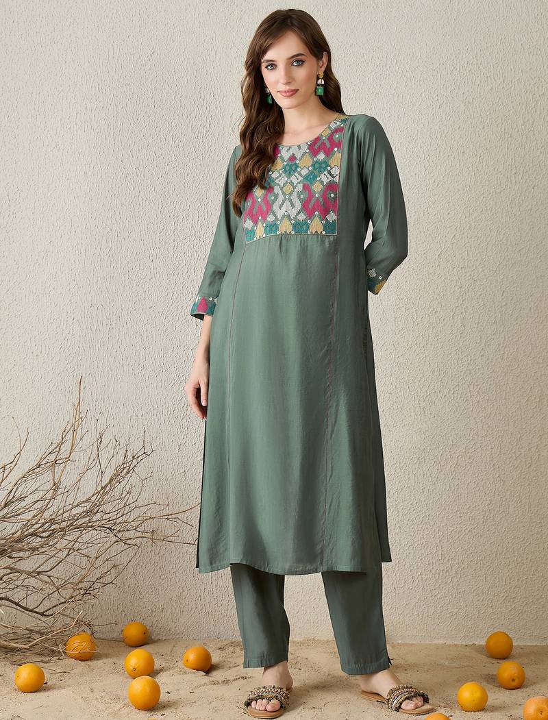Grey embroidered silk kurta trouser set