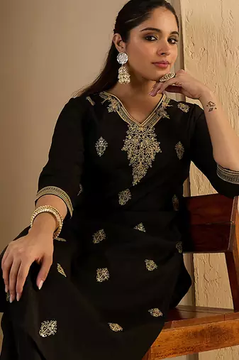 Black embroidered silk kurta trouser set