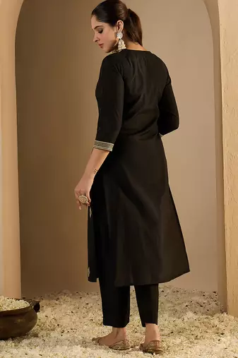 Black embroidered silk kurta trouser set