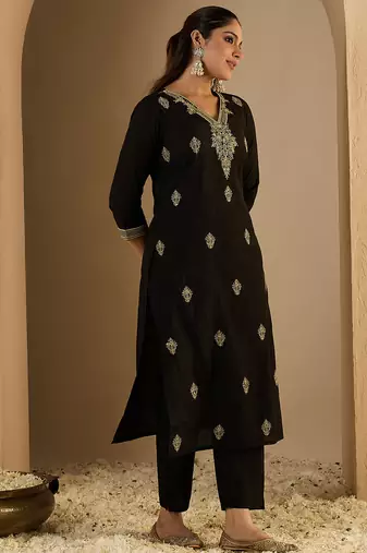 Black embroidered silk kurta trouser set