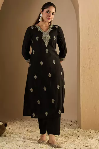 Black embroidered silk kurta trouser set
