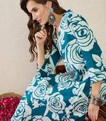 Teal printed cotton kurta trouser set