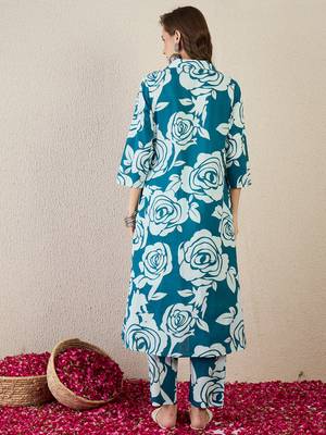 Teal printed cotton kurta trouser set 2