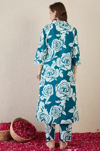 Teal printed cotton kurta trouser set