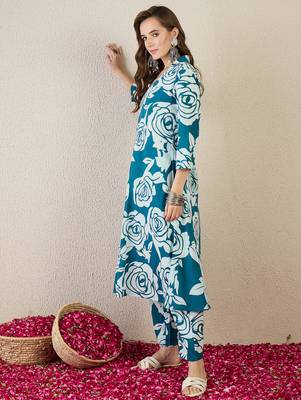 Teal printed cotton kurta trouser set 3