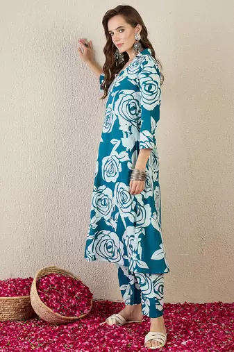 Teal printed cotton kurta trouser set