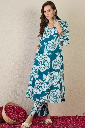 Teal printed cotton kurta trouser set