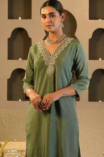 Green embroidered silk kurta trouser set