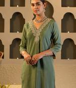 Green embroidered silk kurta trouser set