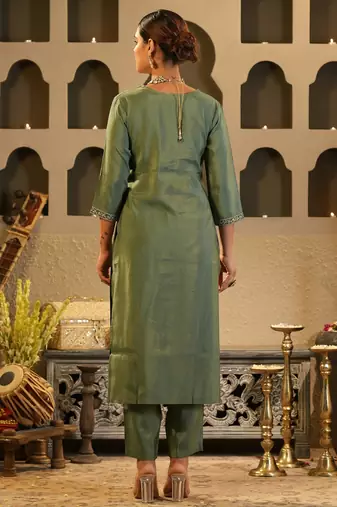 Green embroidered silk kurta trouser set