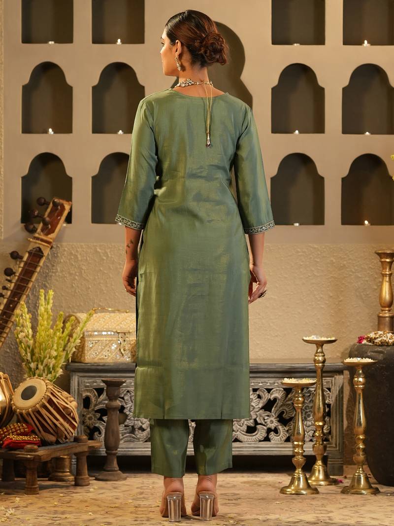 Green embroidered silk kurta trouser set