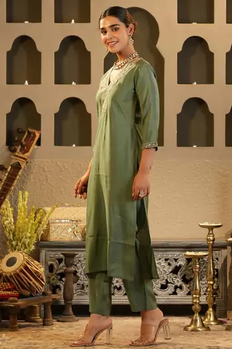 Green embroidered silk kurta trouser set