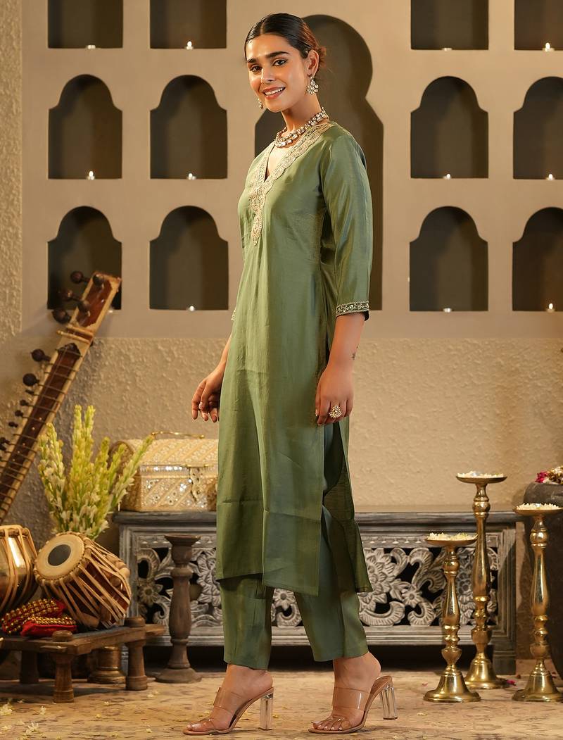 Green embroidered silk kurta trouser set