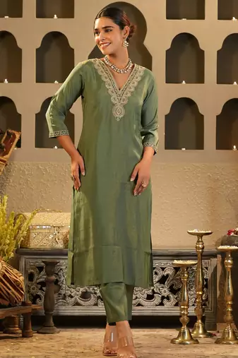 Green embroidered silk kurta trouser set