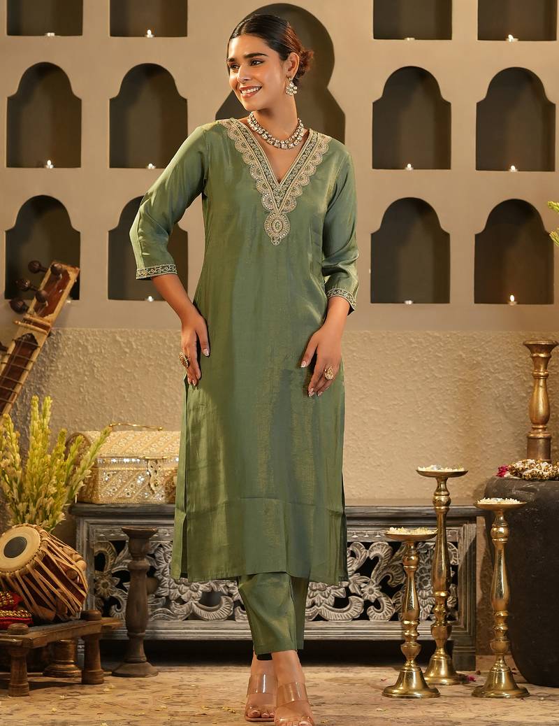 Green embroidered silk kurta trouser set