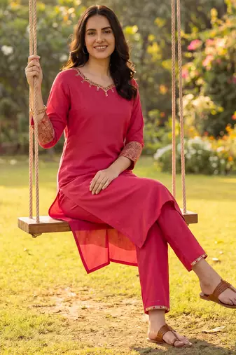 Pink embroidered viscose rayon kurta trouser set
