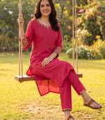 Pink embroidered viscose rayon kurta trouser set
