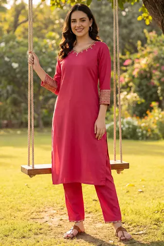 Pink embroidered viscose rayon kurta trouser set