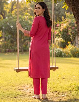 Pink embroidered viscose rayon kurta trouser set 3