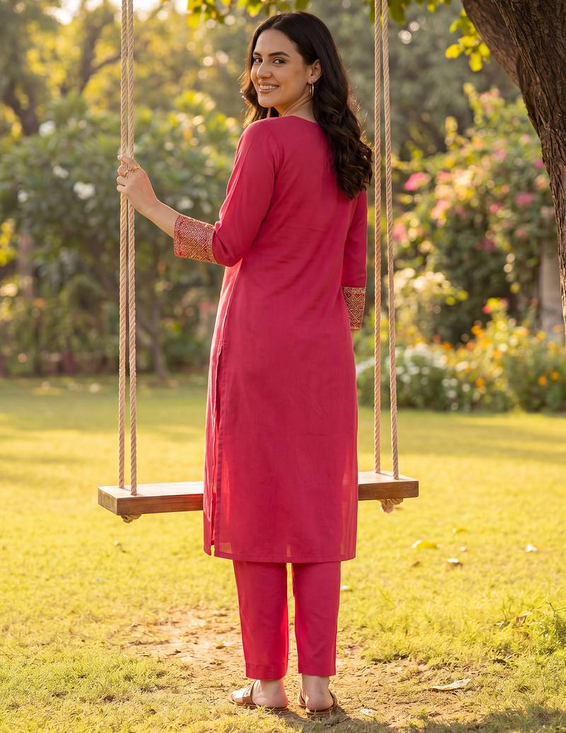 Pink embroidered viscose rayon kurta trouser set
