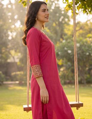 Pink embroidered viscose rayon kurta trouser set 4