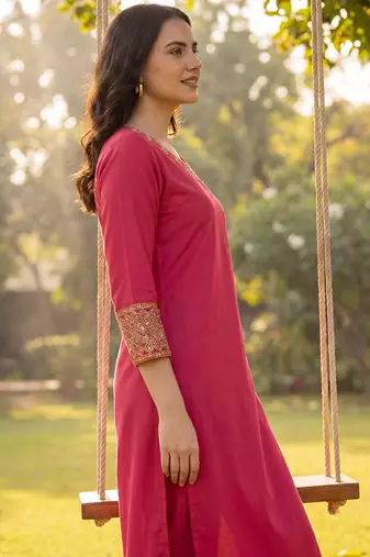 Pink embroidered viscose rayon kurta trouser set