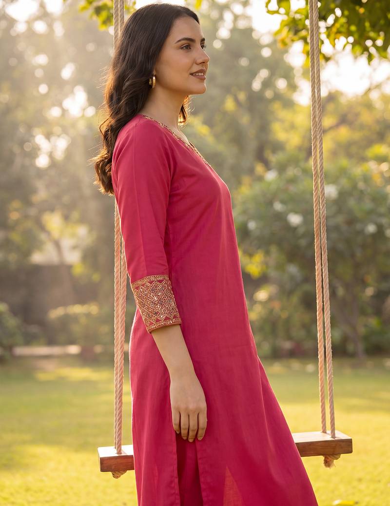 Pink embroidered viscose rayon kurta trouser set